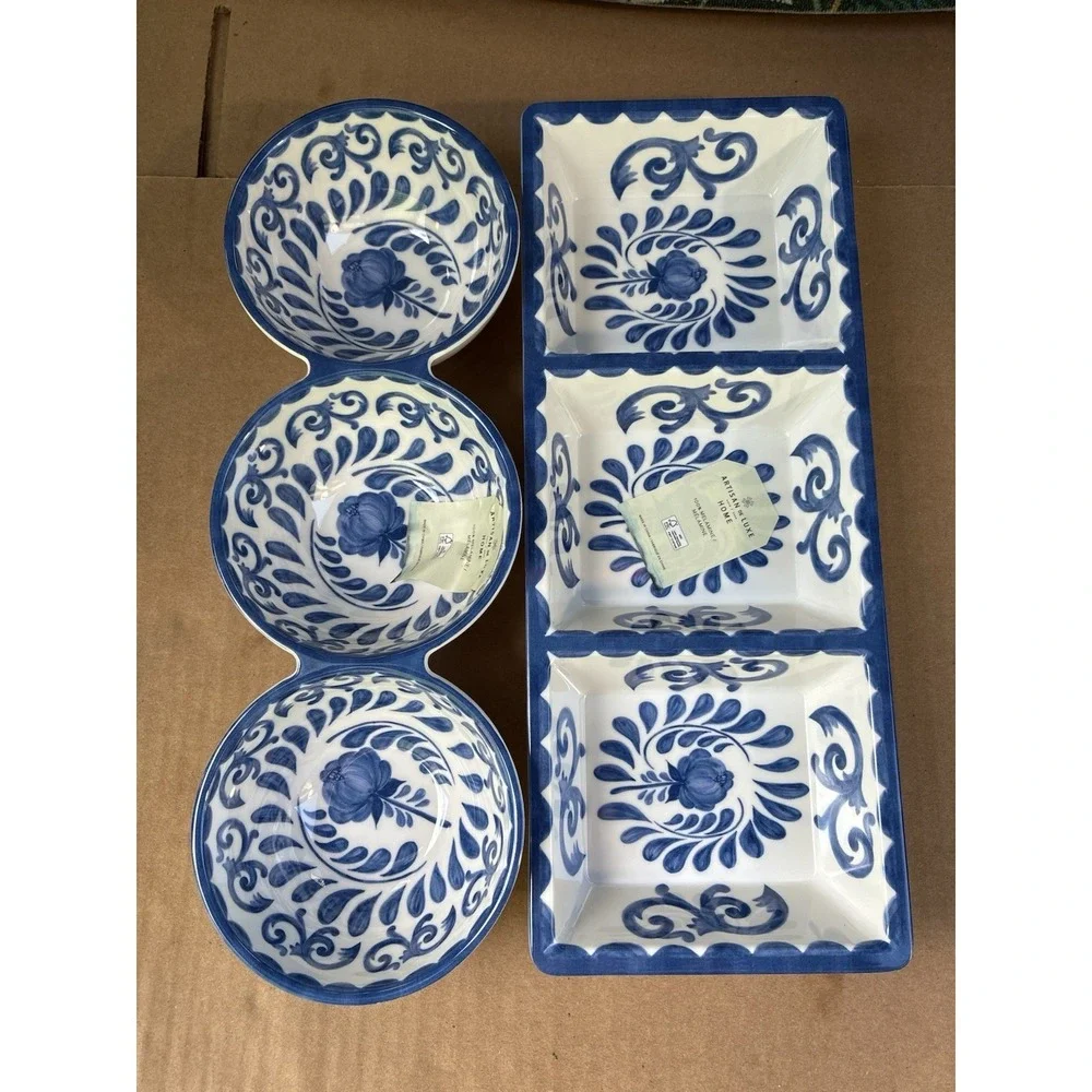 Artisan De Luxe Set Of 2 Melamine Blue Rose Scroll 3-Section Serving Trays NEW